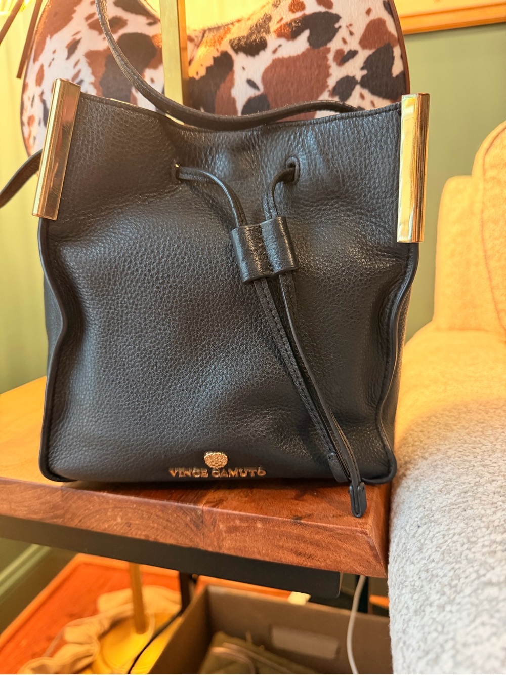 Vince Camuto Black Pebbled Leather Drawstring Shoulder Bag with Gold Accents